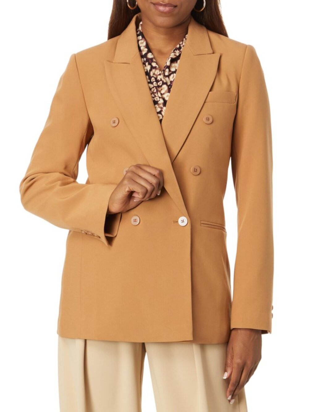 DKNY Peak Lapel Besom Pocket Twill Jacket Double Breasted Blazer Camel Tan Sz 10